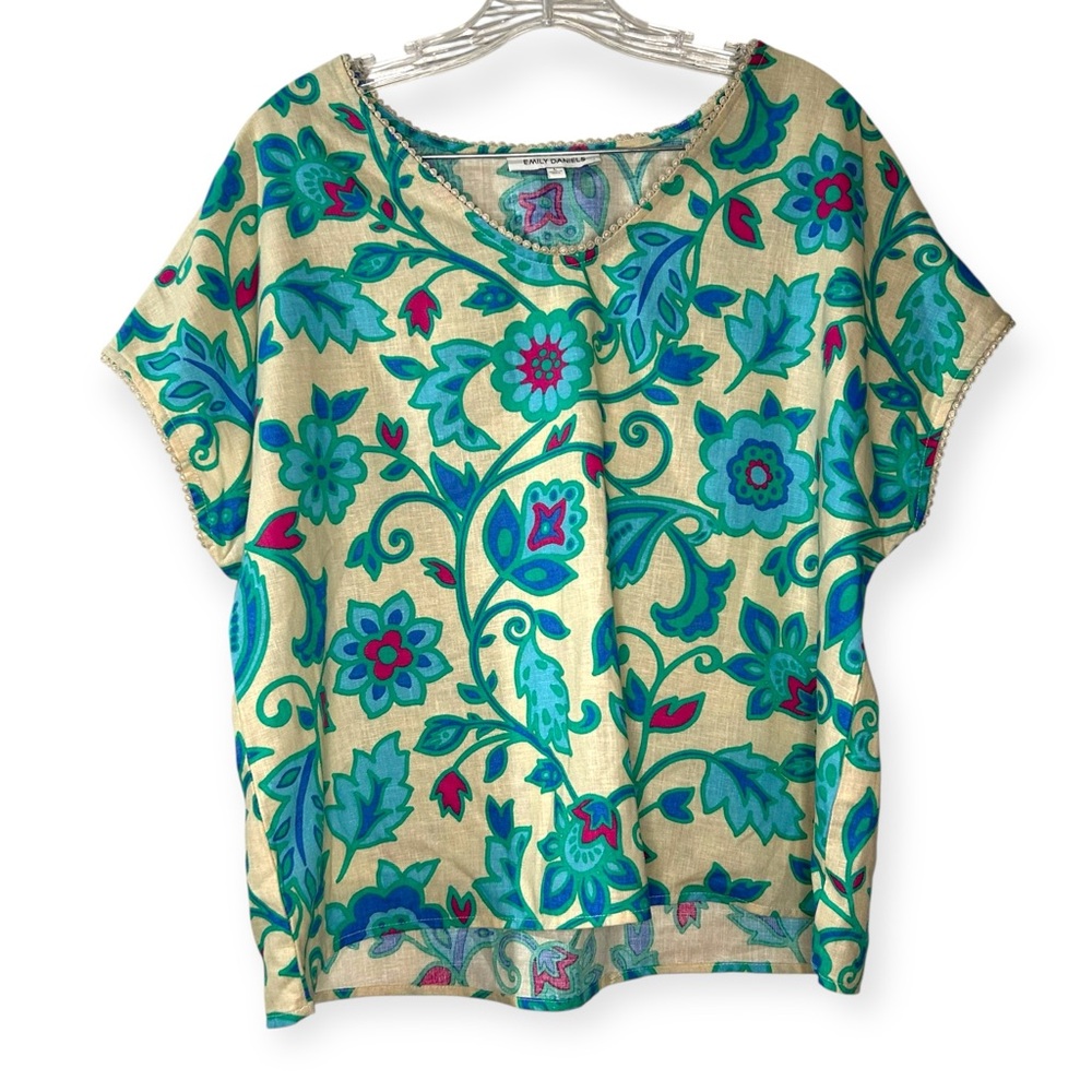 Emily Daniels Linen Blend Short Sleeve Lace Trimmed Floral Top Lightweight Large